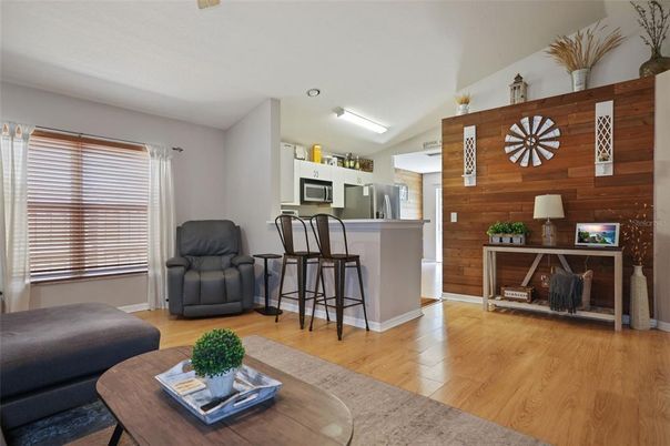 Interior, Kitchen, Living room, Stainless Steel Appliances, Wood Texture Flooring, Wooden Walls