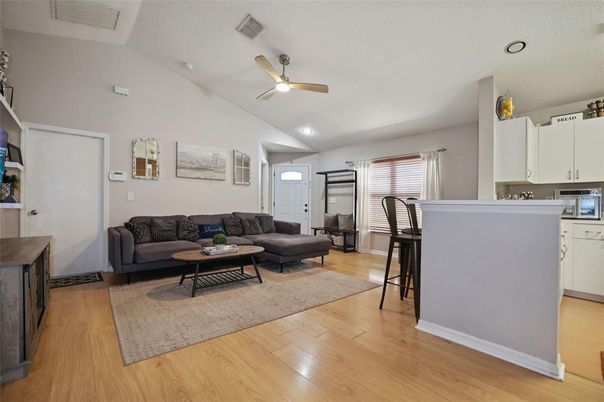 Interior, Kitchen, Living room, Recessed Lighting, Wood Texture Flooring