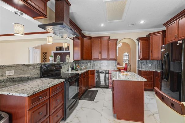 Interior, Kitchen, Marble, Pendant Lights, Recessed Lighting, Stainless Steel Appliances