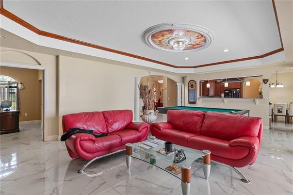 Billiard Table, Chandelier, Game Room, Interior, Living room, Marble, Pendant Lights, Recessed Lighting
