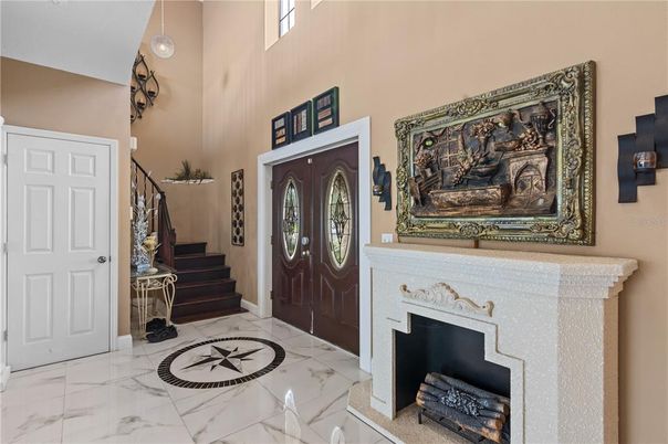 Fireplace, Interior, Marble, Pendant Lights