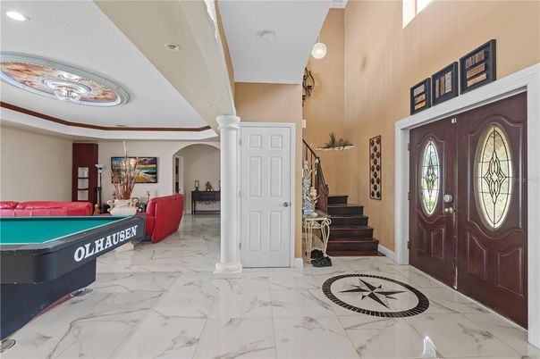 Chandelier, Game Room, Interior, Marble, Recessed Lighting
