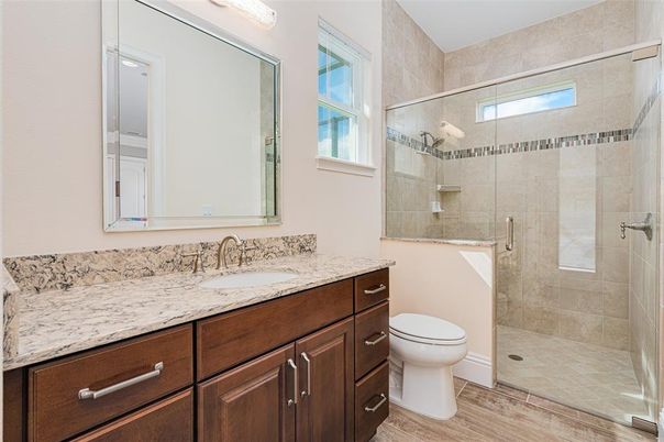 Bathroom, Glass Shower, Interior, Wood Texture Flooring