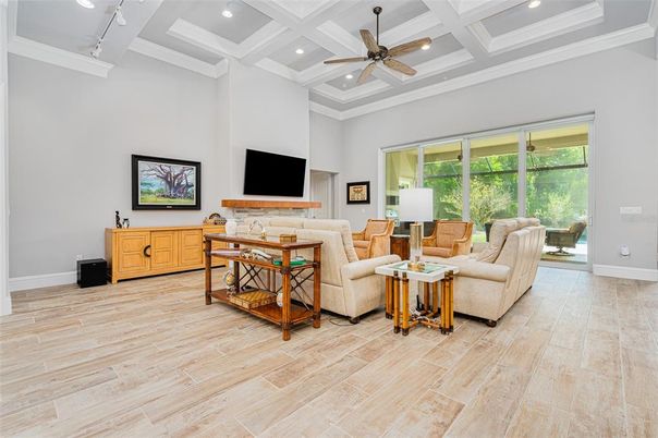 Interior, Living room, Recessed Lighting, Wood Texture Flooring