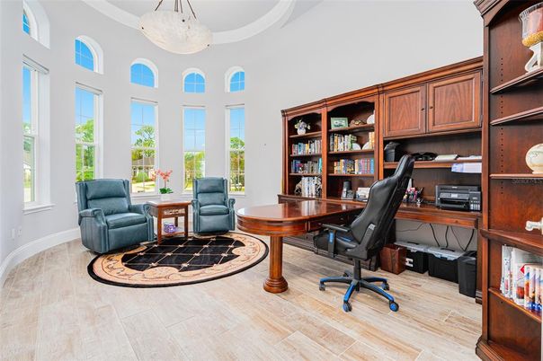 Home Office, Interior, Pendant Lights, Wood Texture Flooring