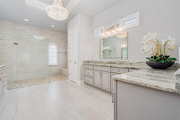Bathroom, Chandelier, Glass Shower, Interior, Recessed Lighting
