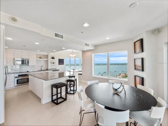 Dining room, Interior, Kitchen, Pendant Lights, Recessed Lighting, Stainless Steel Appliances, Water