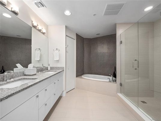Bathroom, Dual Sink Vanities, Glass Shower, Interior, Recessed Lighting