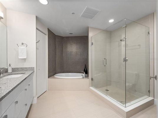 Bathroom, Dual Sink Vanities, Glass Shower, Interior, Recessed Lighting