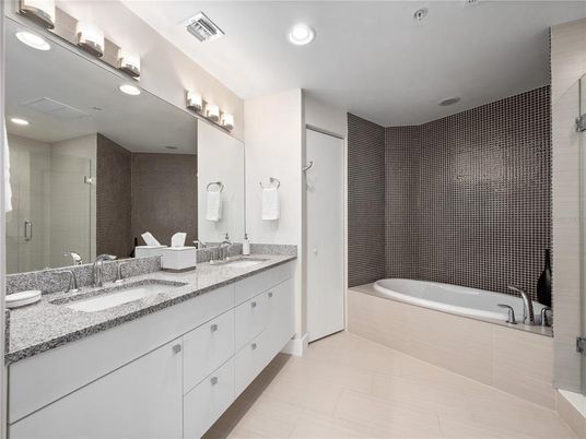 Bathroom, Dual Sink Vanities, Glass Shower, Interior, Recessed Lighting