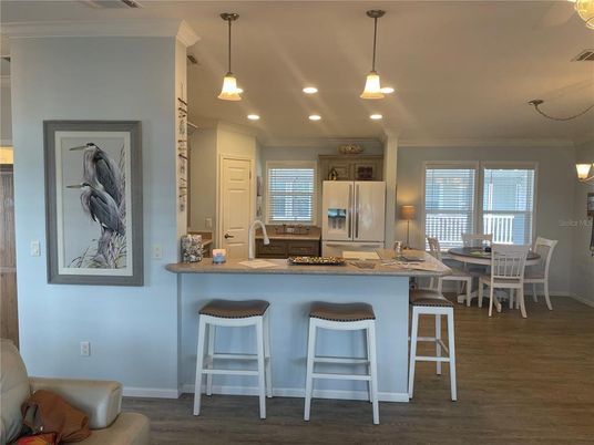 Dining room, Interior, Kitchen, Pendant Lights, Recessed Lighting, Wood Texture Flooring