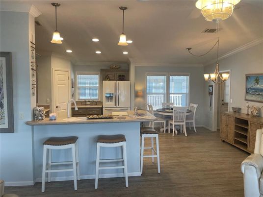 Dining room, Interior, Kitchen, Pendant Lights, Recessed Lighting, Wood Texture Flooring