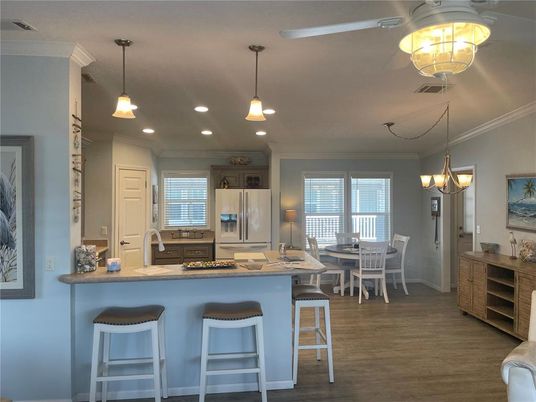 Chandelier, Dining room, Interior, Kitchen, Pendant Lights, Recessed Lighting, Wood Texture Flooring
