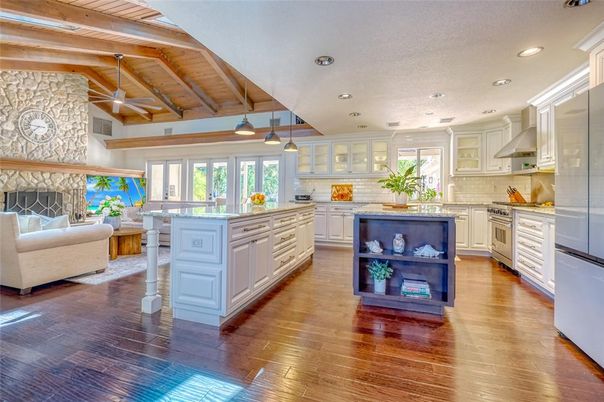 Fireplace, Interior, Kitchen, Living room, Pendant Lights, Recessed Lighting, Wooden Beams, Wooden Ceilings, Wood Texture Flooring