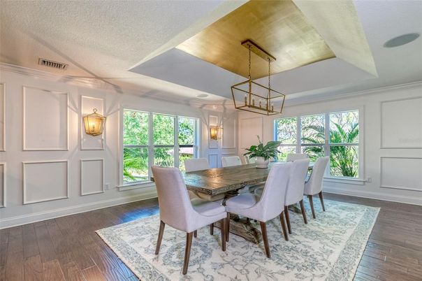 Dining room, Interior, Pendant Lights, Wood Texture Flooring