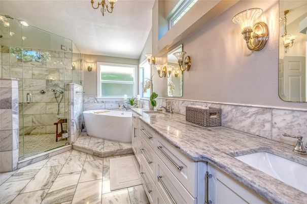 Bathroom, Dual Sink Vanities, Free Standing Baths, Glass Shower, Interior, Marble, Marble Walls