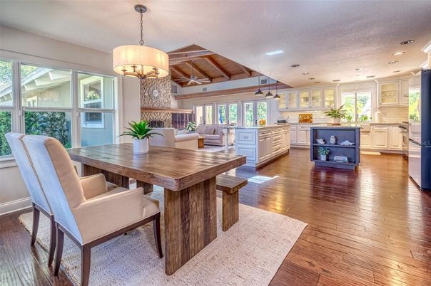 Chandelier, Dining room, Interior, Kitchen, Living room, Pendant Lights, Recessed Lighting, Wooden Beams, Wooden Ceilings, Wood Texture Flooring