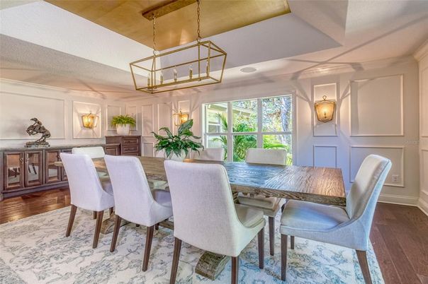 Dining room, Interior, Pendant Lights, Wood Texture Flooring