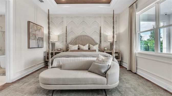 Bedroom, Interior, Recessed Lighting, Wood Texture Flooring
