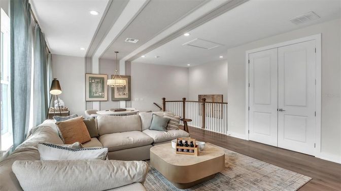 Dining room, Interior, Living room, Pendant Lights, Recessed Lighting, Wood Texture Flooring