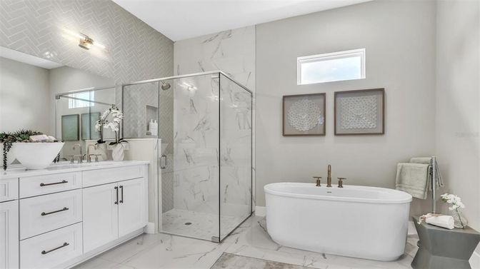 Bathroom, Dual Sink Vanities, Free Standing Baths, Glass Shower, Interior, Marble, Marble Walls