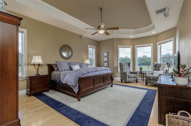 Bedroom, Interior, Recessed Lighting, Wood Texture Flooring
