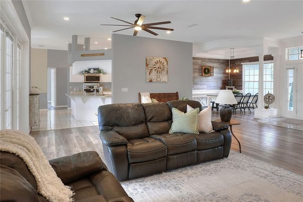 Dining room, Interior, Kitchen, Living room, Pendant Lights, Recessed Lighting, Wood Texture Flooring
