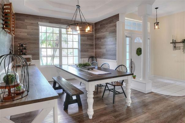 Dining room, Interior, Pendant Lights, Wood Texture Flooring, Wooden Walls