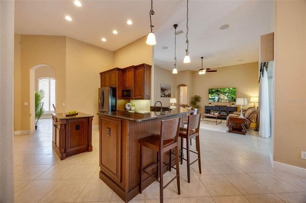 Fireplace, Interior, Kitchen, Living room, Pendant Lights, Recessed Lighting