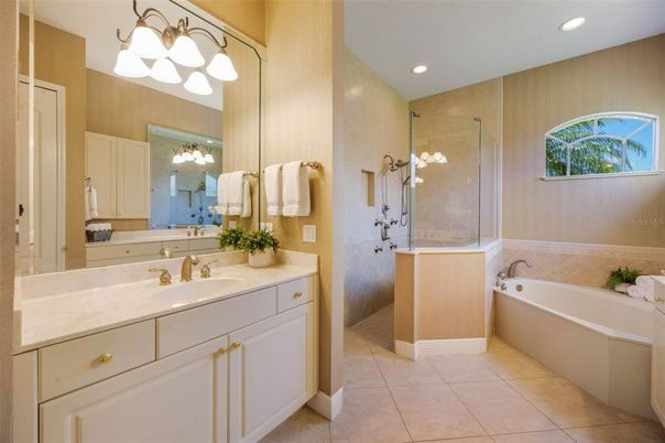Bathroom, Dual Sink Vanities, Glass Shower, Interior, Recessed Lighting