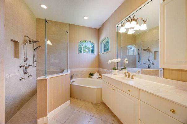 Bathroom, Dual Sink Vanities, Glass Shower, Interior, Recessed Lighting