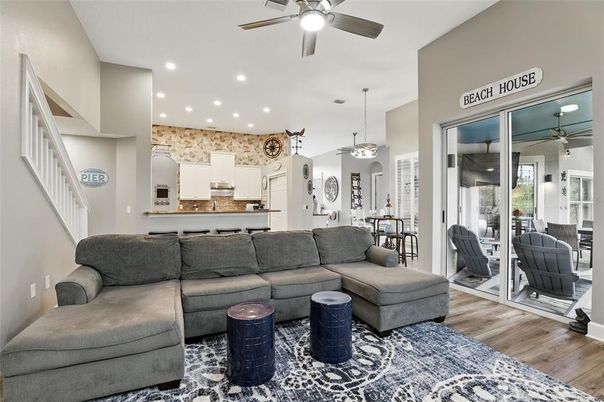 Dining room, Interior, Kitchen, Living room, Pendant Lights, Recessed Lighting, Stainless Steel Appliances, Wood Texture Flooring