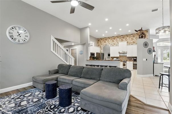 Interior, Kitchen, Living room, Pendant Lights, Recessed Lighting, Wood Texture Flooring
