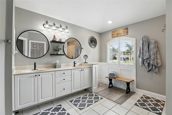 Bathroom, Dual Sink Vanities, Interior, Recessed Lighting, Wood Texture Flooring