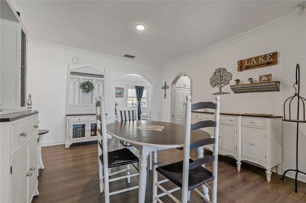 Dining room, Interior, Recessed Lighting, Wood Texture Flooring