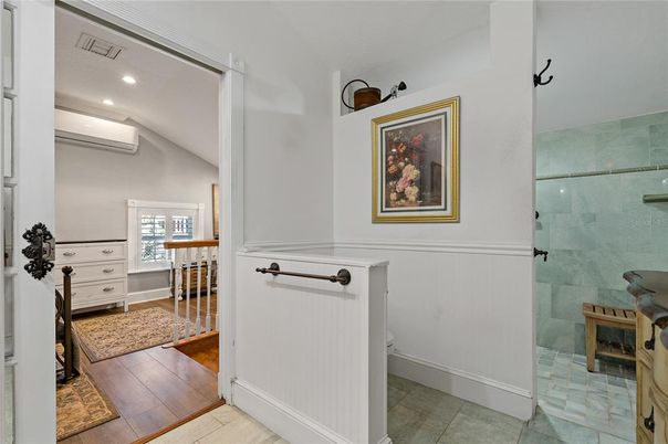 Bathroom, Glass Shower, Interior, Recessed Lighting, Wood Texture Flooring