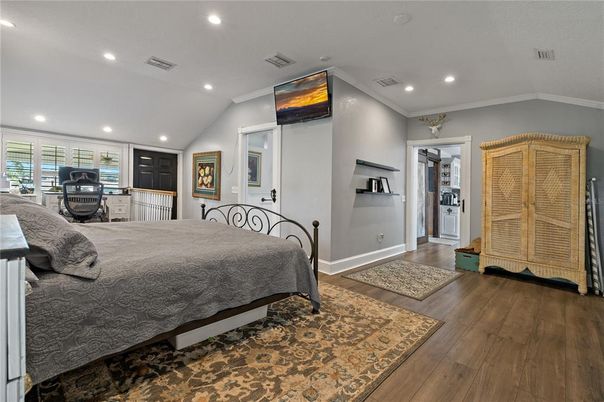 Bedroom, Interior, Recessed Lighting, Wood Texture Flooring