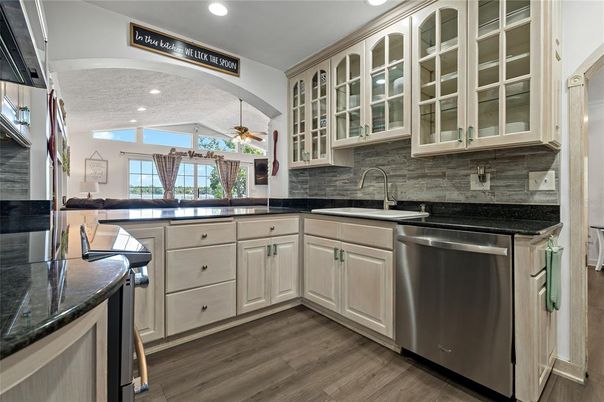 Interior, Kitchen, Recessed Lighting, Stainless Steel Appliances, Wood Texture Flooring