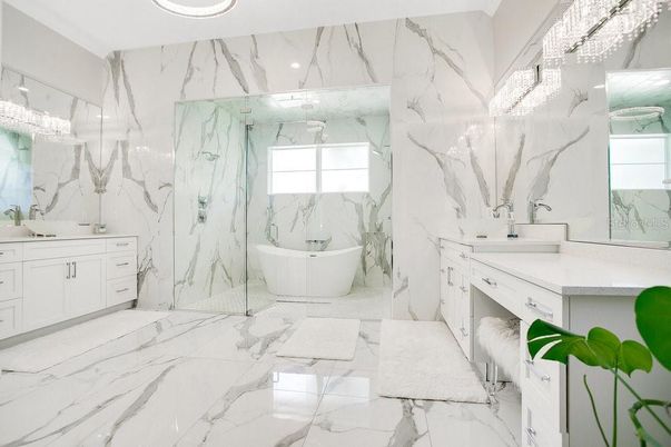 Bathroom, Dual Sink Vanities, Free Standing Baths, Interior, Marble, Marble Walls