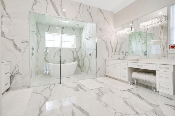 Bathroom, Free Standing Baths, Glass Shower, Interior, Marble, Marble Walls, Recessed Lighting