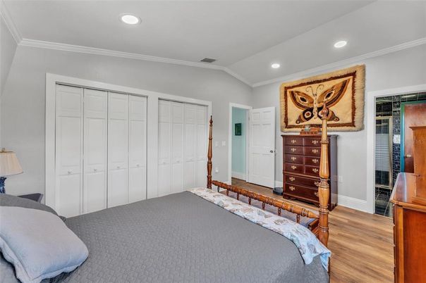 Bedroom, Interior, Recessed Lighting, Wood Texture Flooring