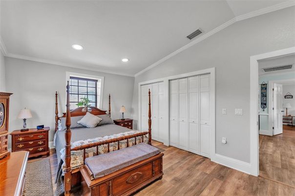 Bedroom, Interior, Recessed Lighting, Wood Texture Flooring