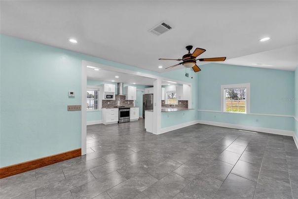 Empty room, Interior, Kitchen, Recessed Lighting, Stainless Steel Appliances