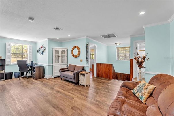 Home Office, Interior, Living room, Recessed Lighting, Wood Texture Flooring