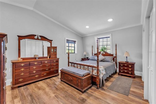 Bedroom, Interior, Recessed Lighting, Wood Texture Flooring