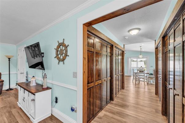 Dining room, Interior, Pendant Lights, Wood Texture Flooring