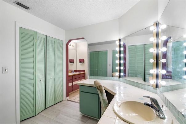 Bathroom, Dual Sink Vanities, Interior, Tile Countertops, Wood Texture Flooring