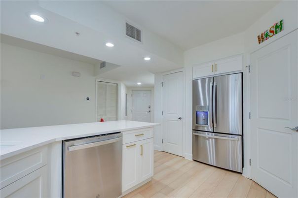 Interior, Kitchen, Recessed Lighting, Stainless Steel Appliances, Wood Texture Flooring