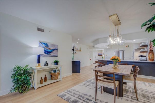 Dining room, Interior, Kitchen, Pendant Lights, Recessed Lighting, Wood Texture Flooring