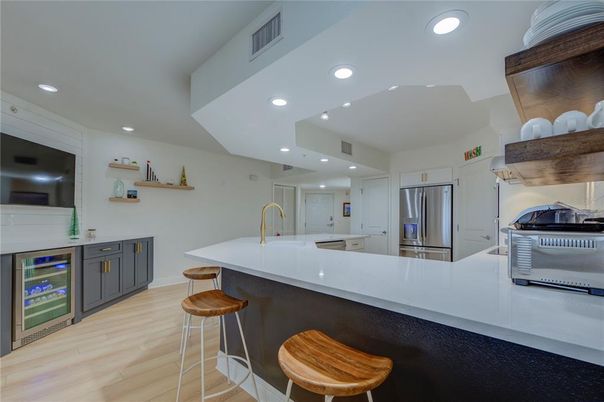 Interior, Kitchen, Recessed Lighting, Stainless Steel Appliances, Wood Texture Flooring